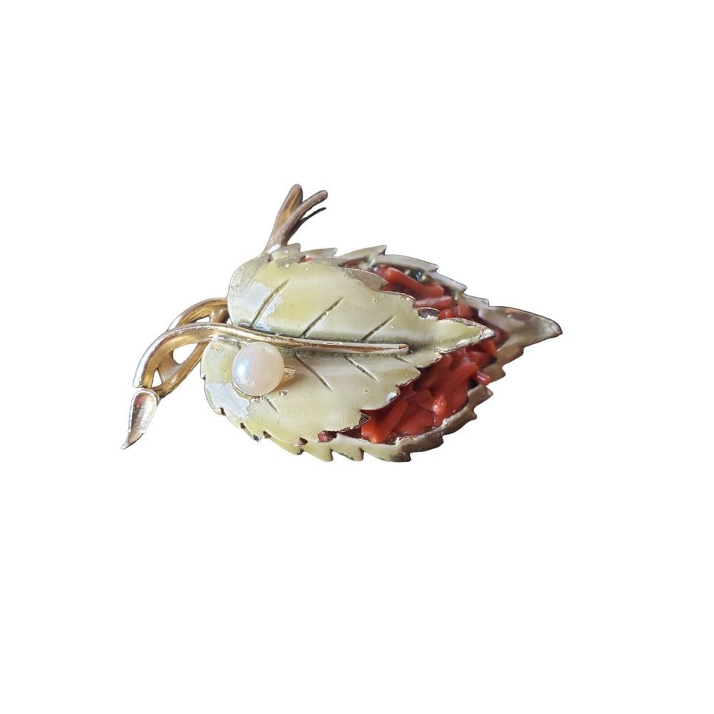 Vintage "ART"‎ Signed Gold Tone Leaf And Orange Leaf with Pearl Center Brooch